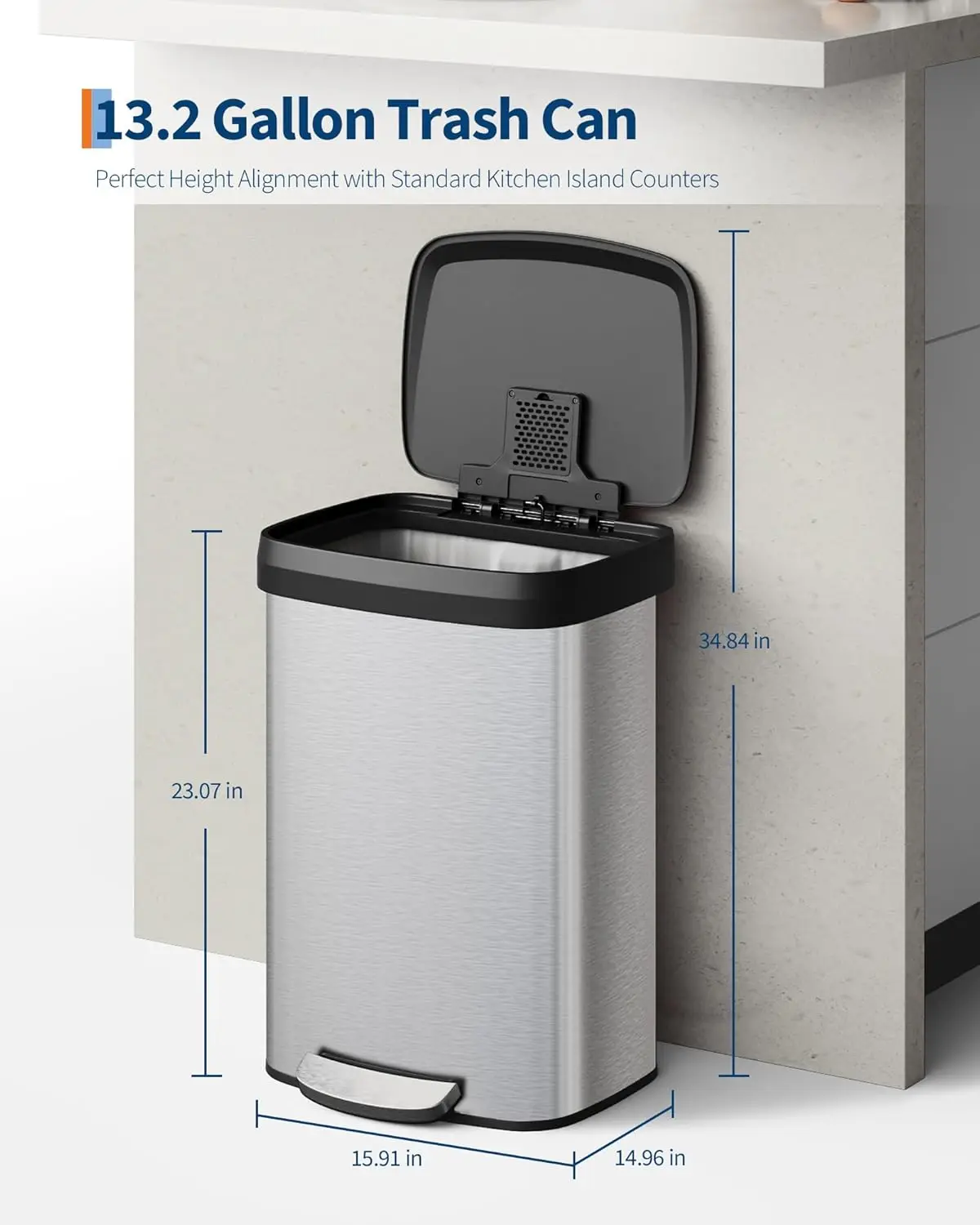 50L Stainless Steel Kitchen Trash Can with Lid,Step-on Garbage Bin,Fingerprint Resistant Recycling Bin with Soft Close Lid,Odour Control Waste Separation System,Slim Metal Rubbish Bin