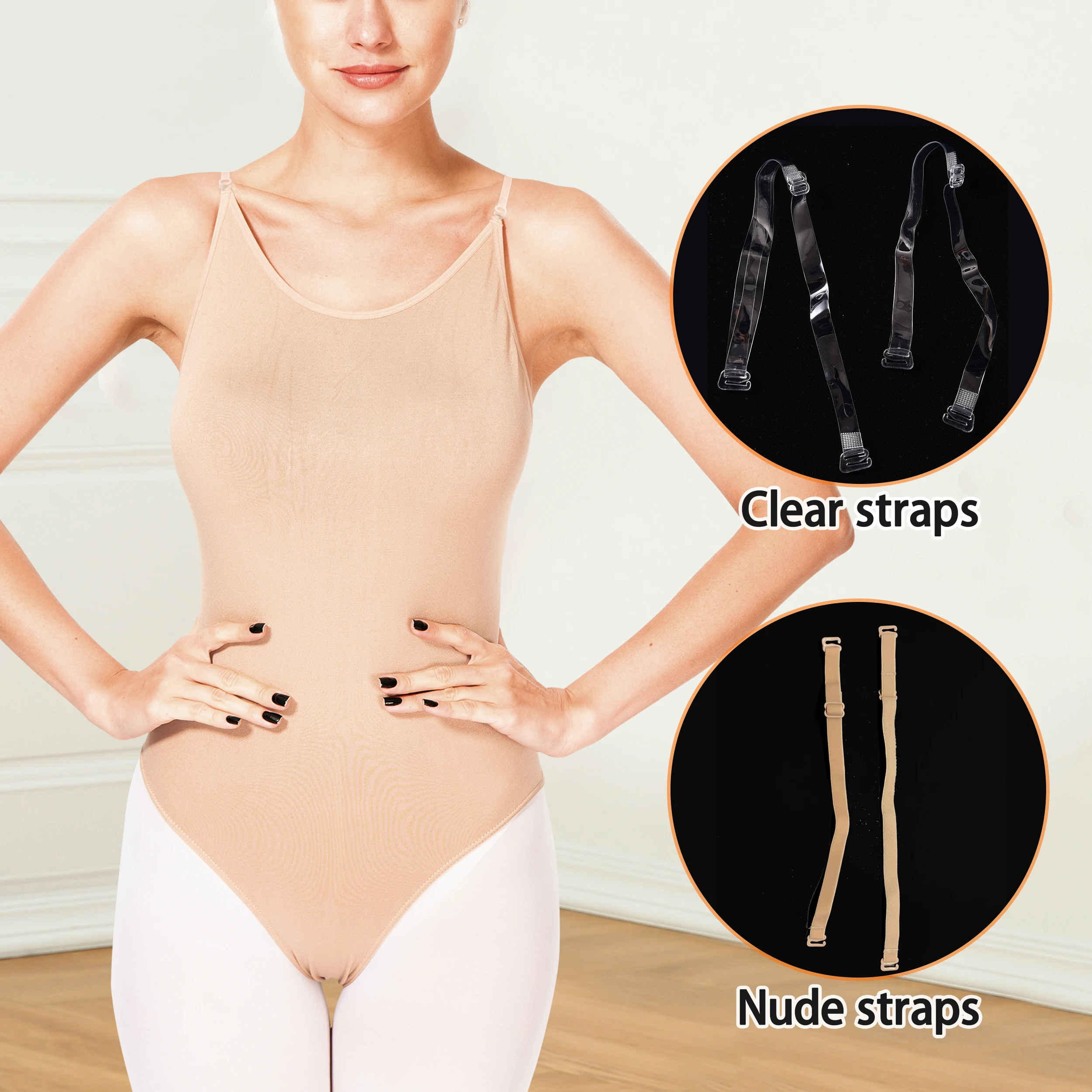 Women  Ballet Undergarments Nude Dance Leotard Seamless Gymnastic Underwear with Adjustable Clear Straps