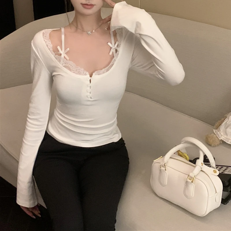 Y2k Sweet White T Shirts Korean Slim Lace Patchwork Bow Long Sleeve Female Casual Tees Spring Fashion New All Match Ladies Tops