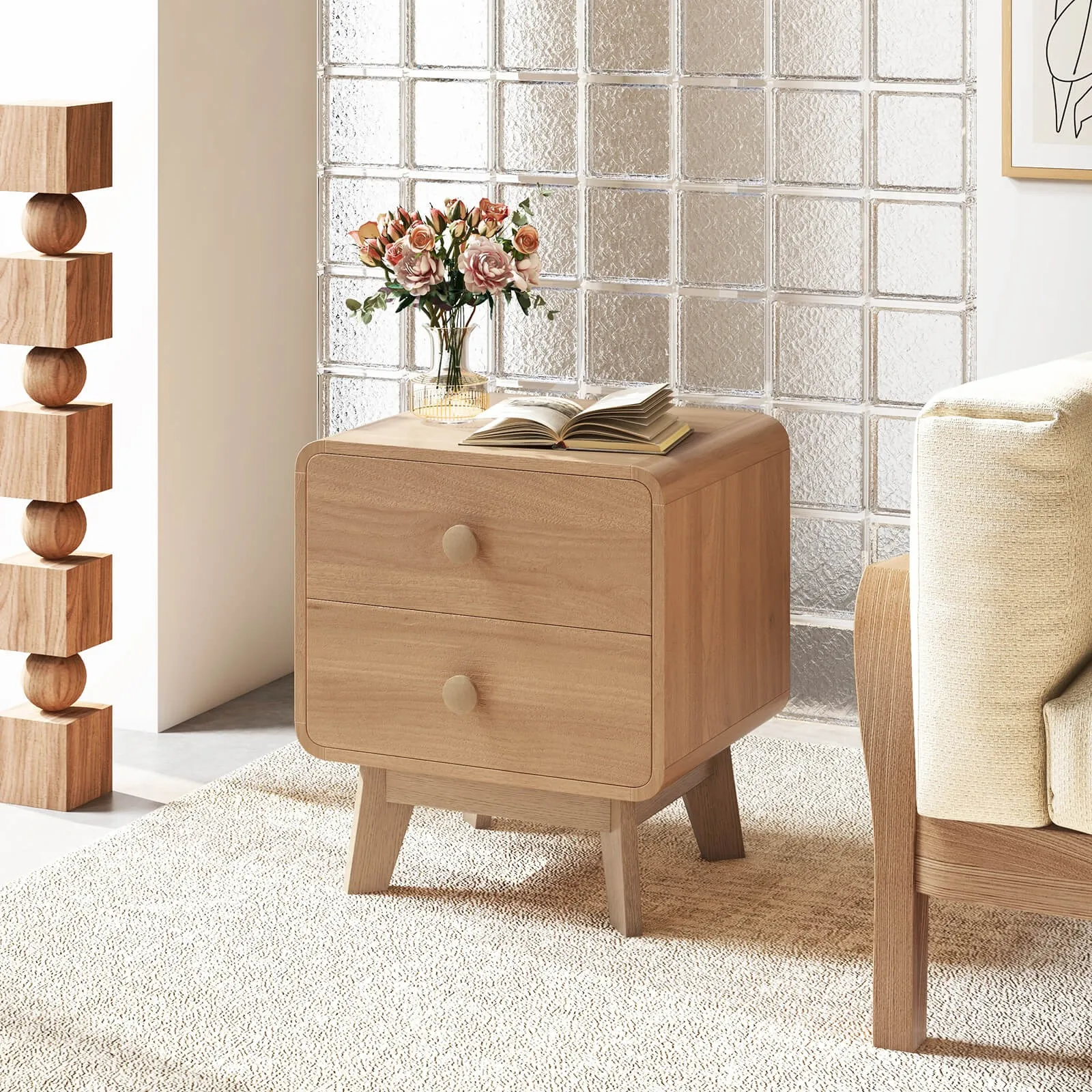 Modern Style 2-Drawer Nightstand Bedside Table w/ Solid Rubber Wood Legs Brown