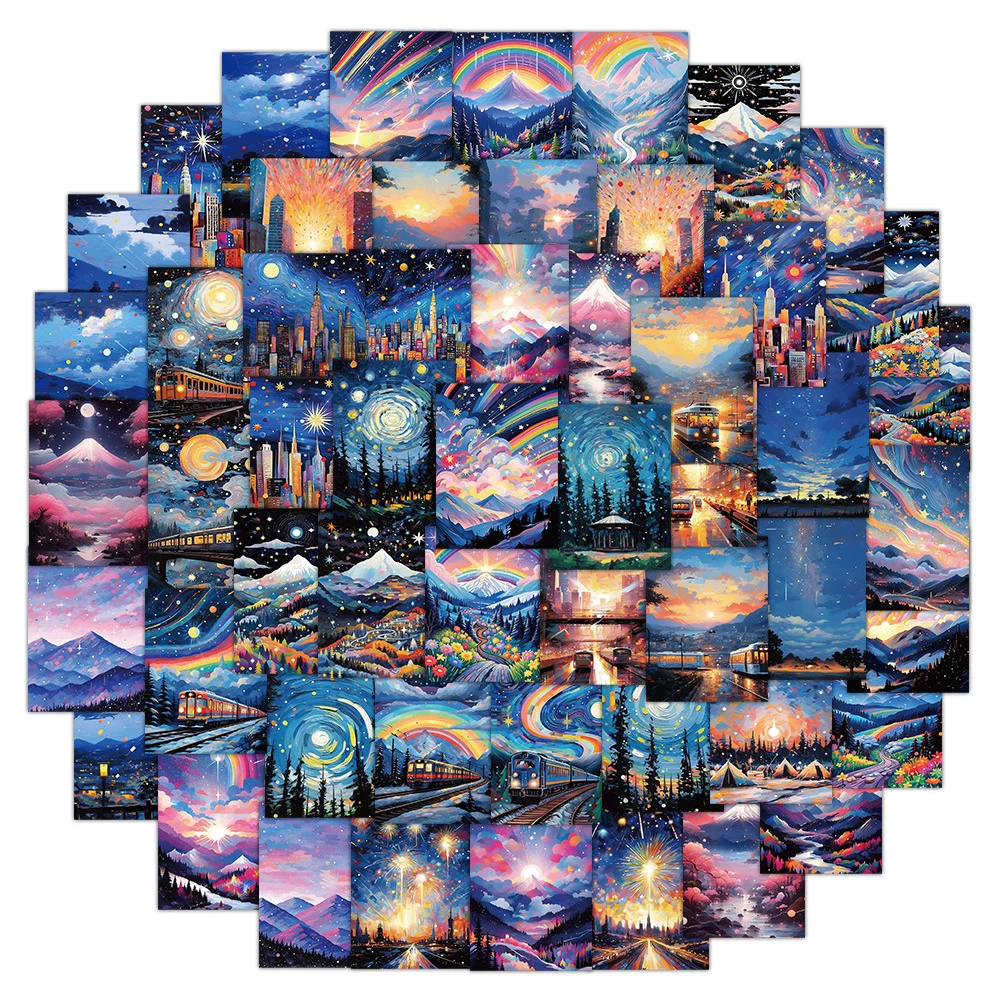 10/30/60pcs Kawaii Art Street Night View Oil Painting Stickers Aesthetic Cartoon Decals DIY Laptop Phone Car Decoration Sticker