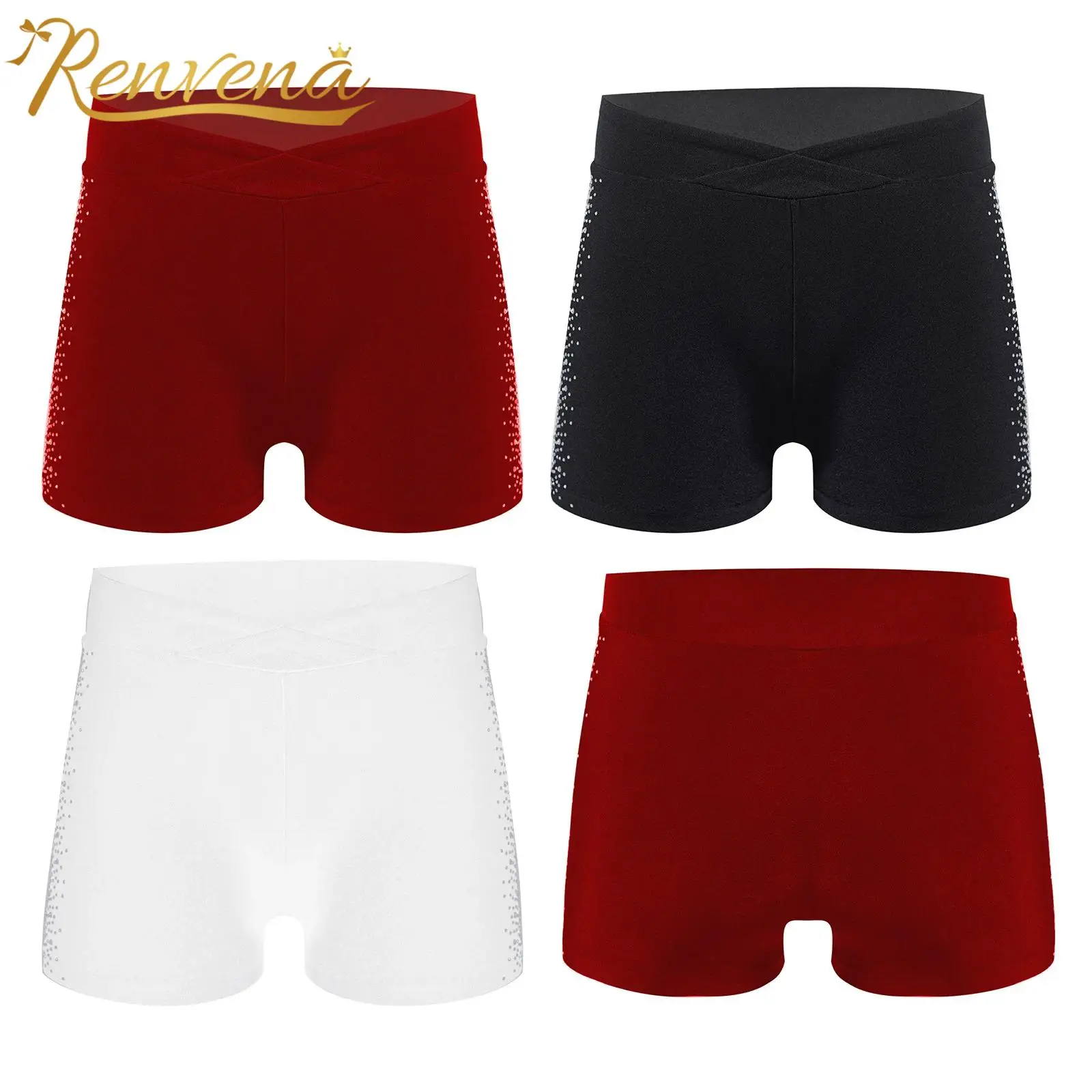 Children Shorts Girls Elastic Waistband Kids Shorts Rhinestones Short Pants for Figure Skating Ballet Dance Gymnastics Shorts
