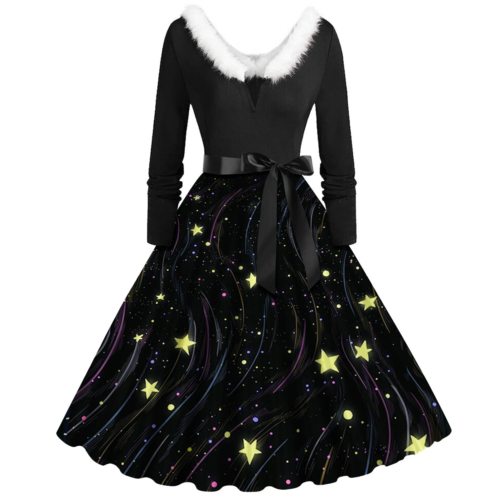 

2023 Christmas New V Neck Faux Collar Casual Elegant Christmas Print Swing Belted black Dress Vintage Evening Party vestidos