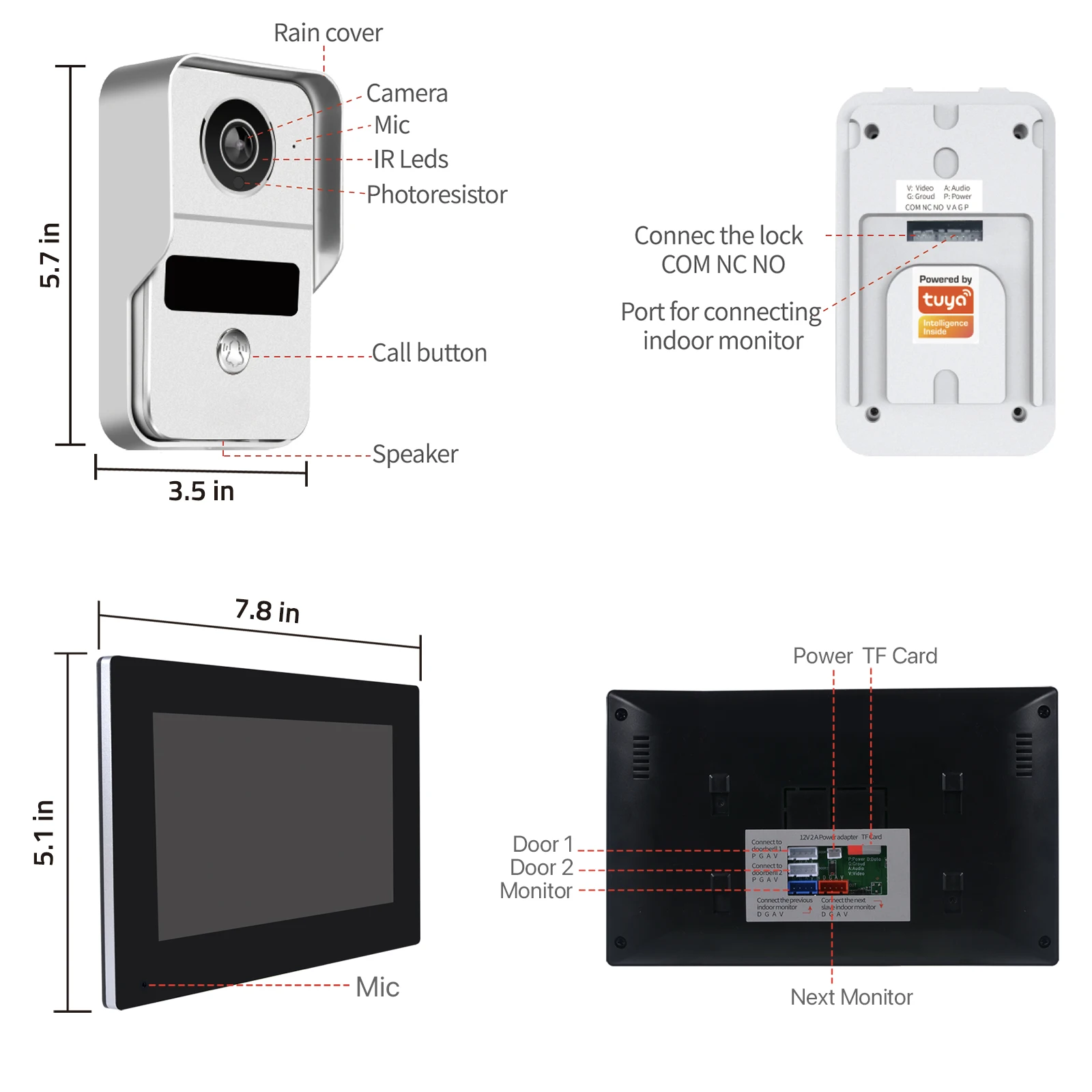 TUYA 1080P 10 Inch 7 Color Touch Screen Wireless Wifi Video Doorbell Smart APP Home Intercom Kit for RFID Access Control System