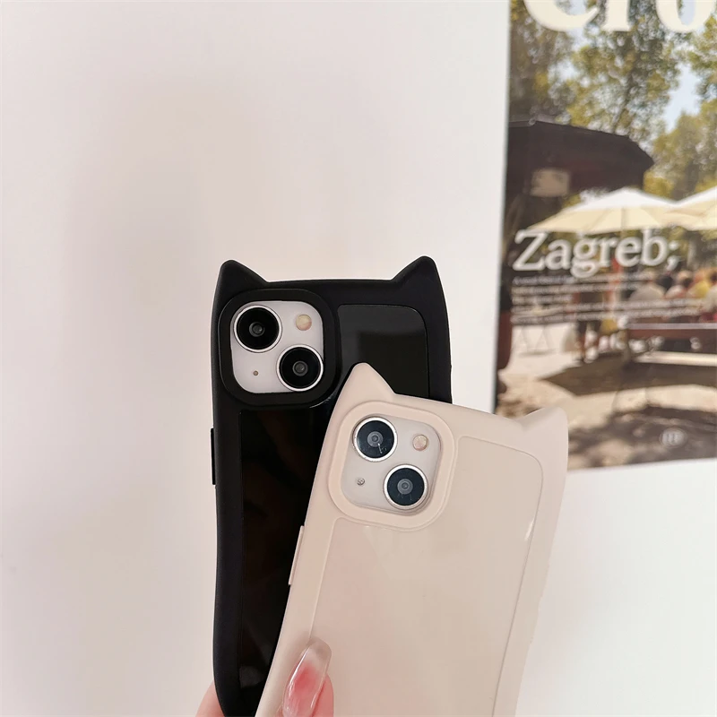 Korean Cute 3D Kitten Cats Ear Solid color Phone Case For iPhone 15 14 13 11 12 Pro Max Girl Silicone Shockproof Soft Cover