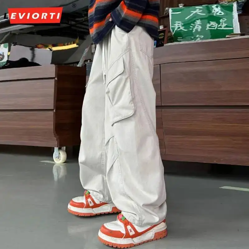 

Autumn Men's Pleated Cargo Pants with Multi Pocket High Street Vibe Loose Straight Leg Workwear Pants Male Wide Leg Trousers