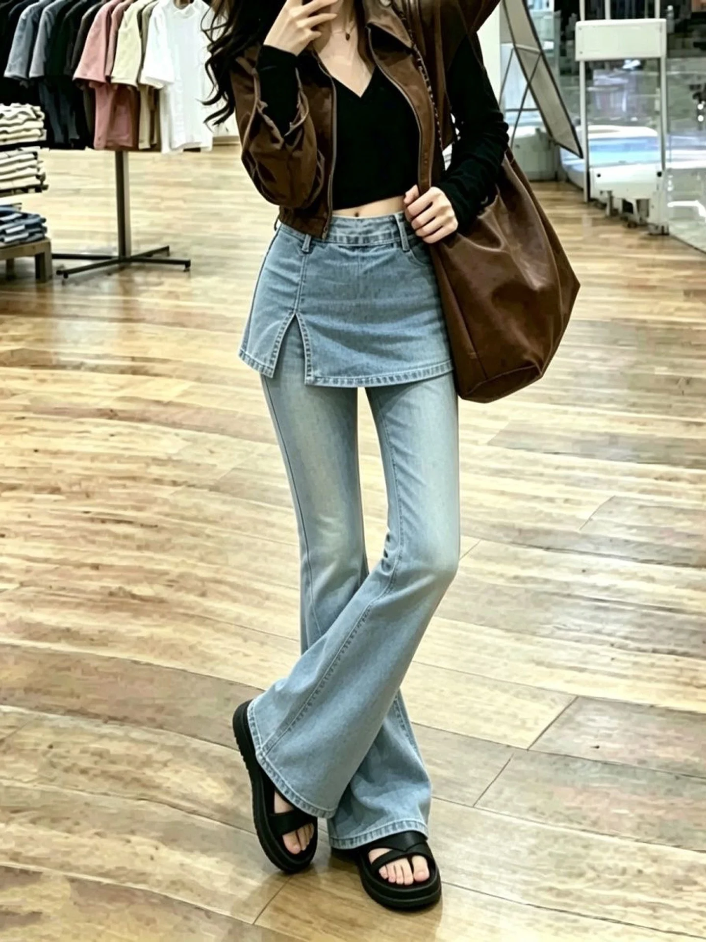 American Retro Bell Bottom Jeans Women's Fashion High Waist Slimming Hot Girl Fake Two-Piece Design Split Bell Long Pants