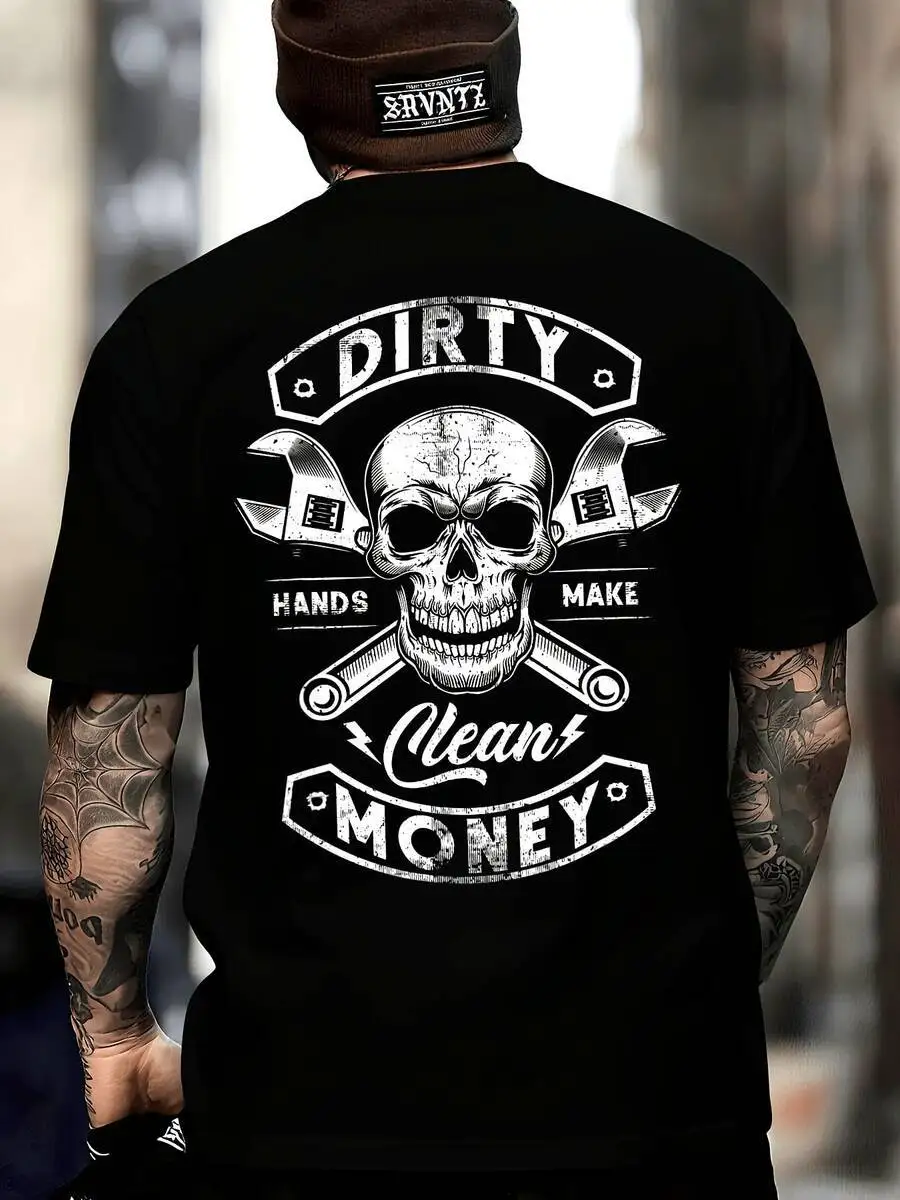 Men's Mechanic-Themed "My Hands May Be Dirty But My Money Is Clean" T-Shirt - Retro Skull Wrench Design, Heavyweight Crew Neck