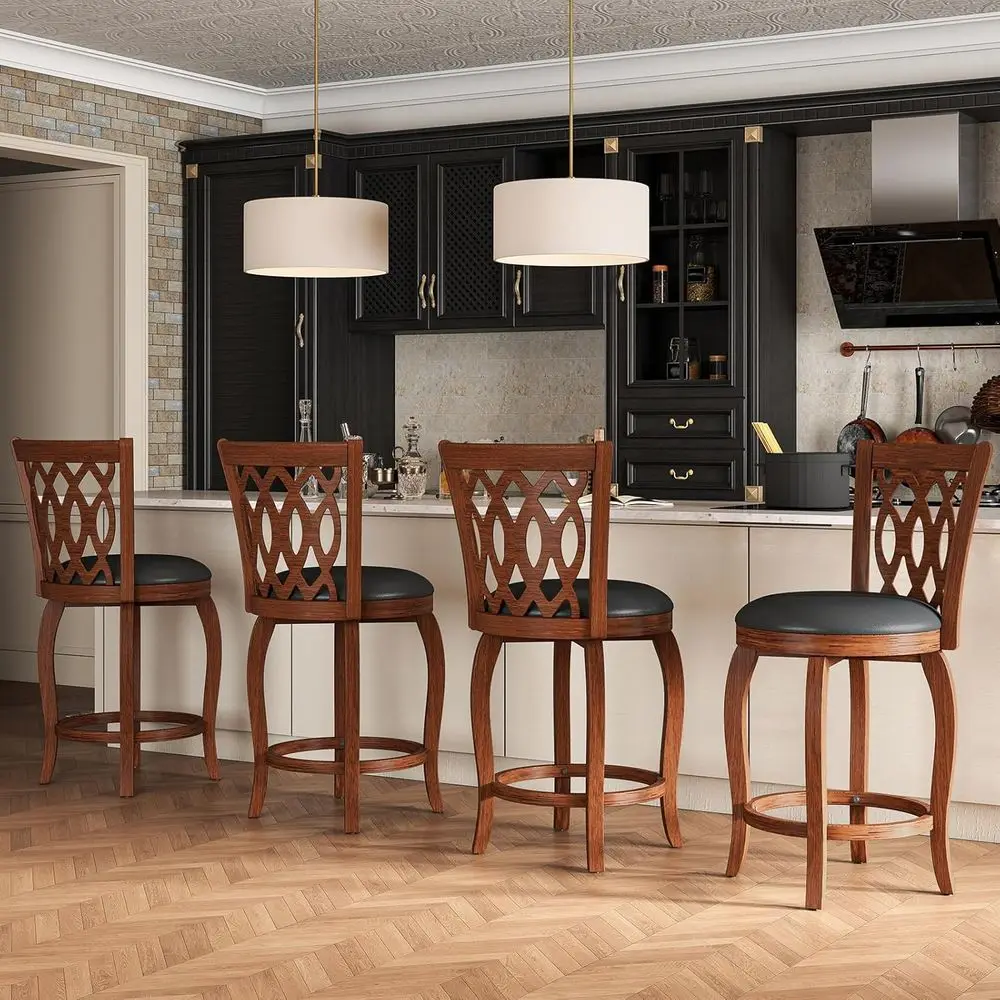 

Set of 4 Brown Upholstered Swivel Bar Stools with Back and Footrest for Counter Height Kitchen Island