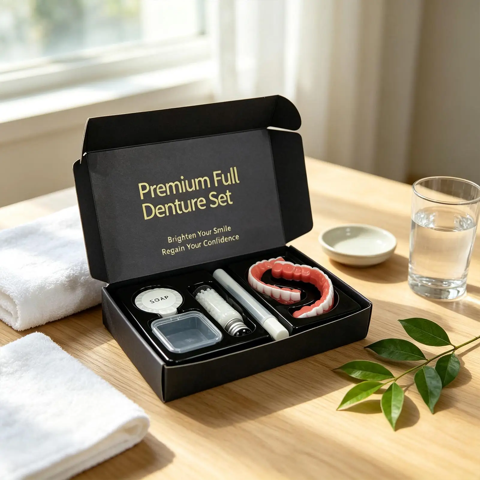 Full Denture Kit Natural Cosmetic Realistic Upper Lower Teeth Set With Cleaning Tools Comfort Fit InstantSmile Veneers