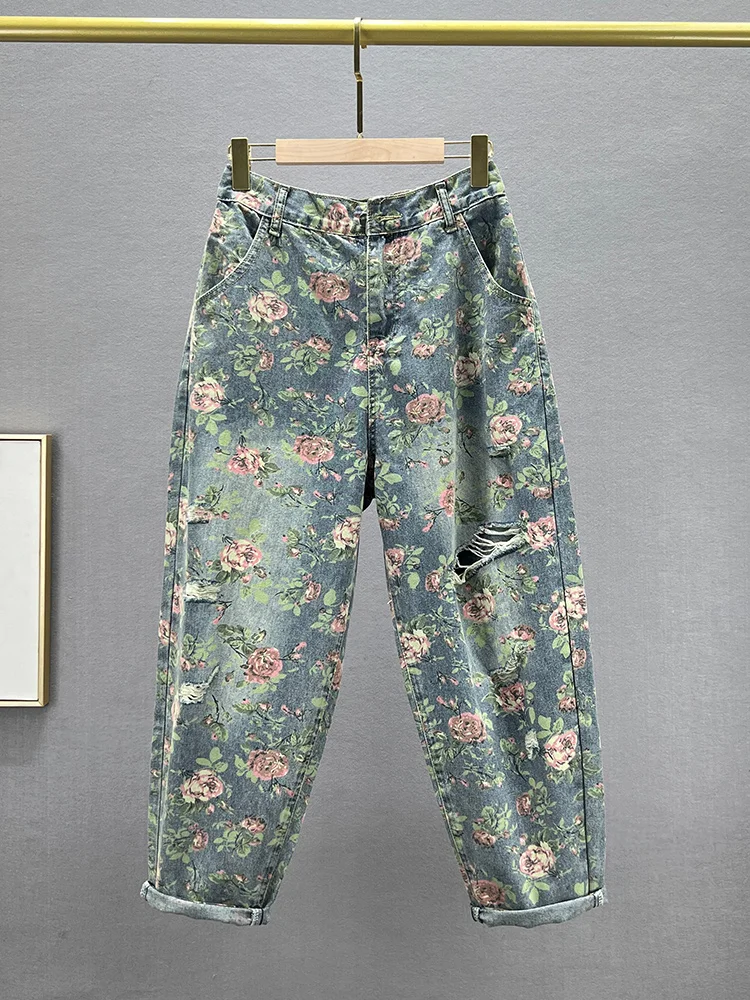 

Ultra-Thin Floral Print Denim Jeans High Waist Loose Slimming Hole Harlan Pants Trendy Women's Summer New Arrival
