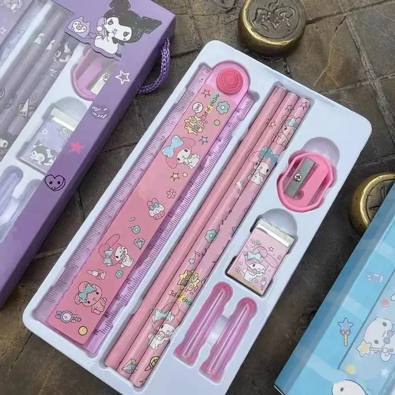 Sanrio Stationery Set Kawaii Hellokitty Melody Kuromi Cinnamoroll Children's School Supplies Pencil Eraser Ruler Christmas Gifts