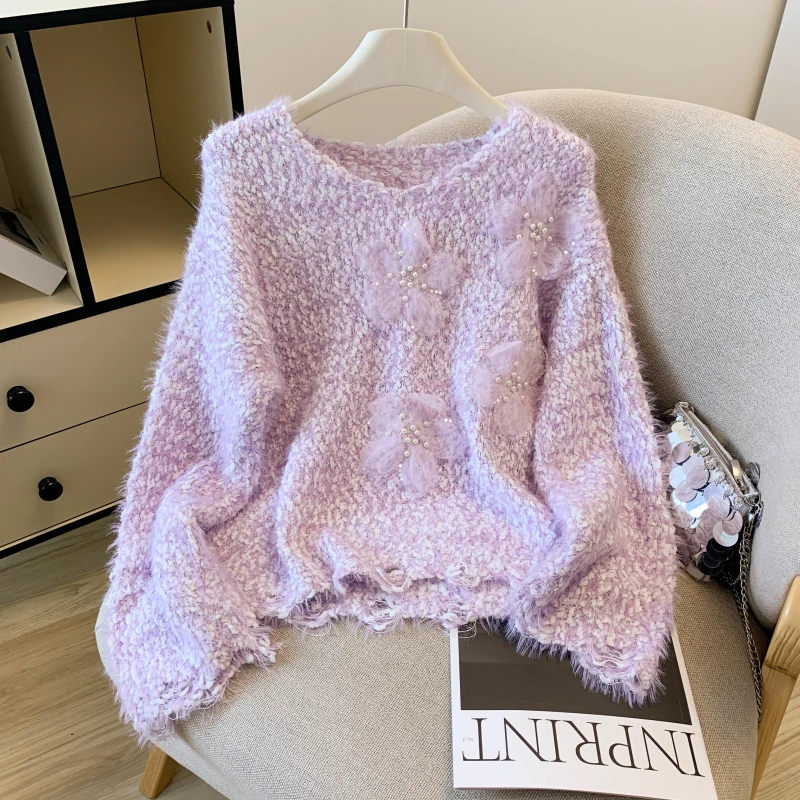 

New,European,Clothes,Loose,Sweater,Fashion,Sexy,Faux mink fleece,3D,Flower,Beading,Women,Long Sleeve,Knitted,Pullover,Tops,59052