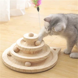 Wooden 2/3 Levels Pet Cat Toy Tower Tracks Disc Cat Intelligence Amusement Triple Play Disc Cat Toys Ball Training Toys