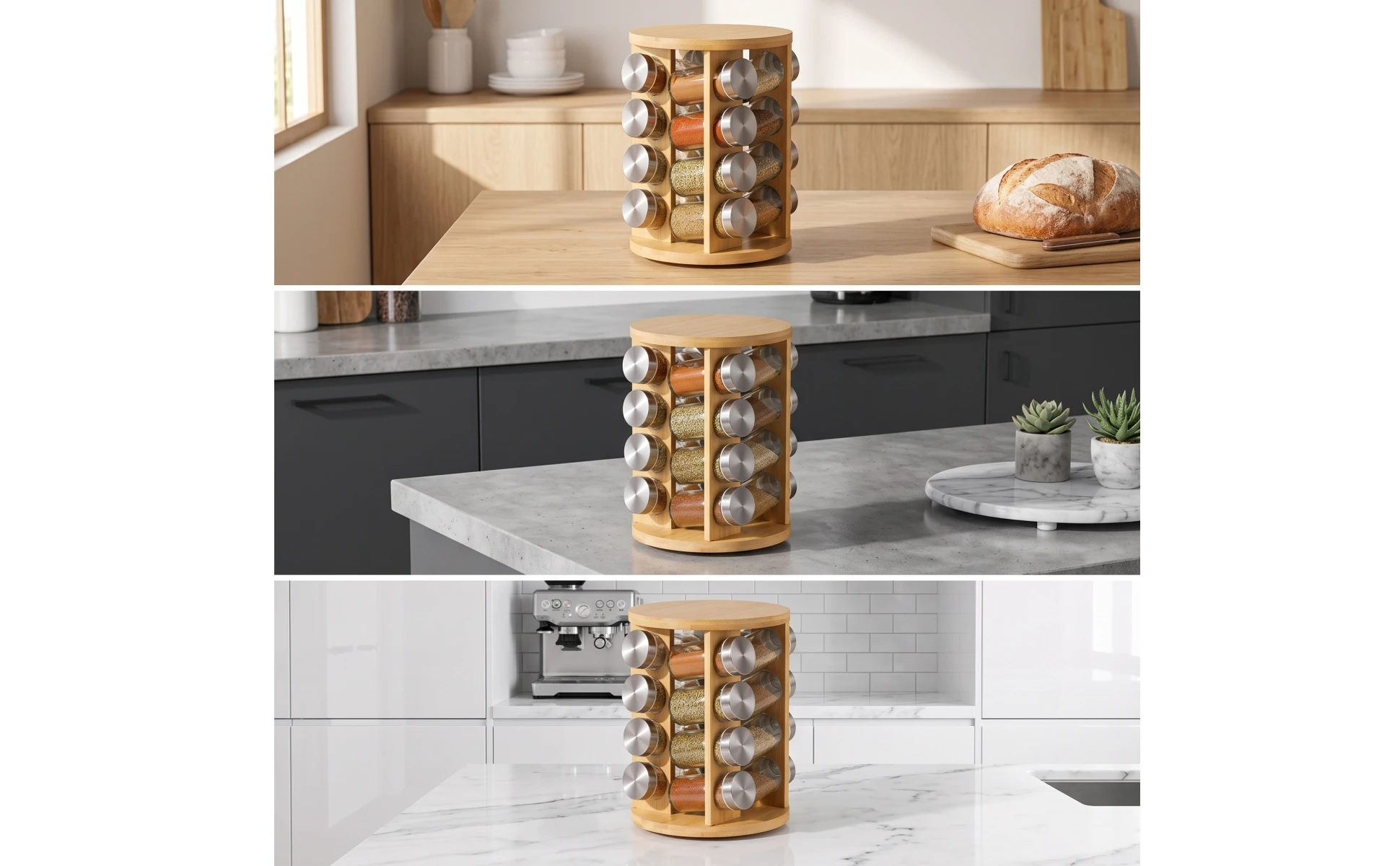 Bamboo Seasoning Rack with Glass Jars Countertop Seasoning Rack with Jars Seasoning Bottle Set Revolving Rotating for Cooks