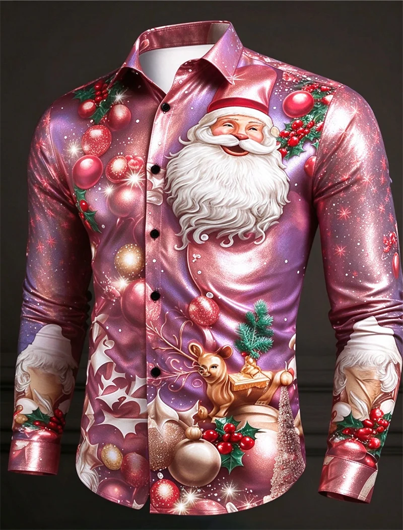 New men's wine red Christmas tree snowflake print long sleeved shirt with lapel buttons, holiday casual shirt
