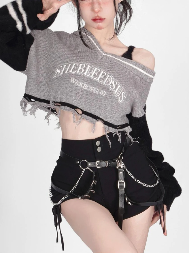 Deeptown Vintage Gray Cropped Sweater Women Kpop Grunge Hollow Out Knitted Jumper Korean Sexy Off Shoulder Y2K Tops Streetwear