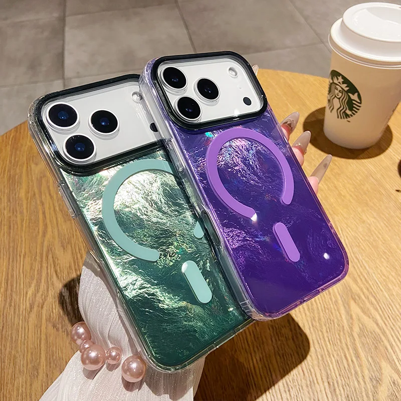 

Модный нишевый блестящий лазерный чехол для телефона для iPhone 17 Pro Max Air 16, 15, 14, 13, 12, защитный чехол с магнитной зарядкой и защитой от падения