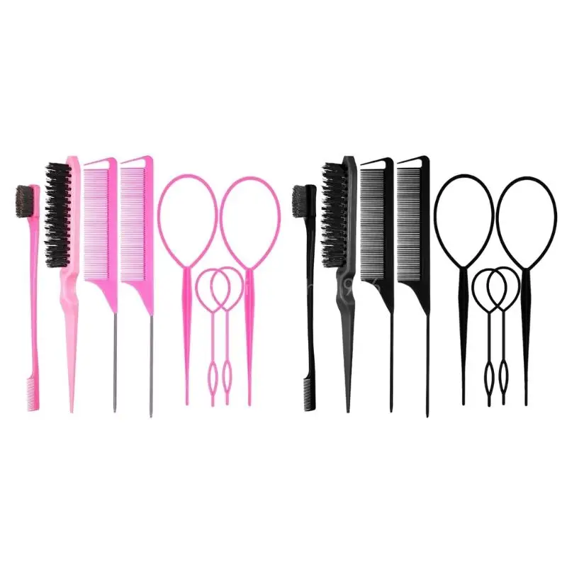 8Pcs Hair Brushes Set with 4Pcs Topsy Hair Tail Tools 1Pcs Bristle Hair Brush Edge Control Brush 2Pcs Metal Pin Combs