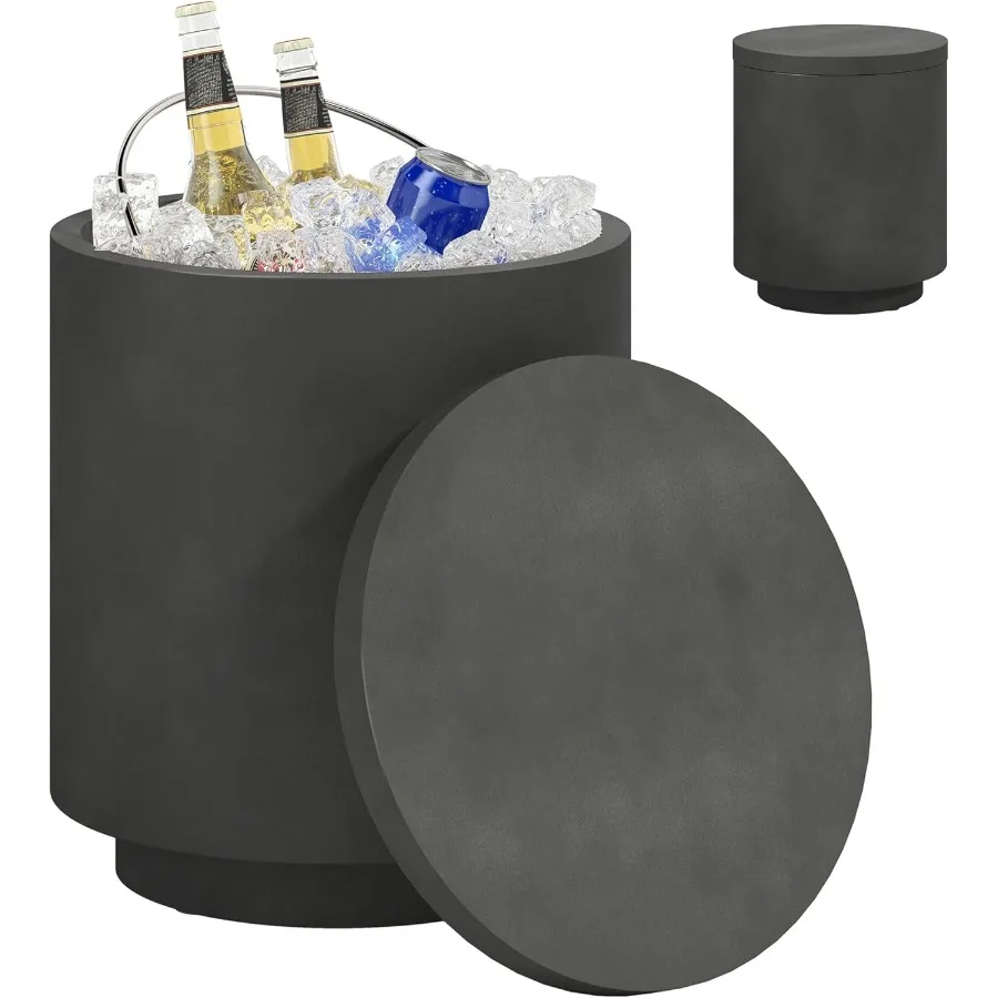 

2.6 Gal Outdoor Cooler Side Table 3-in-1 Cool Coffee Table with Storage Removable Ice Bucket and Lid Concrete Small Patio Table