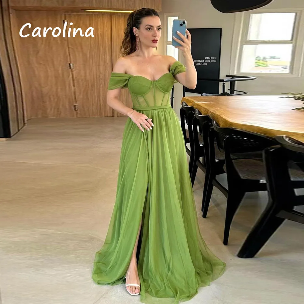 Carolina Green Off The Shoulder Tulle A-LINE Prom dress 2024Slim Sweetheart Backless Zipper Up Floor-Length Formal Evening Dress