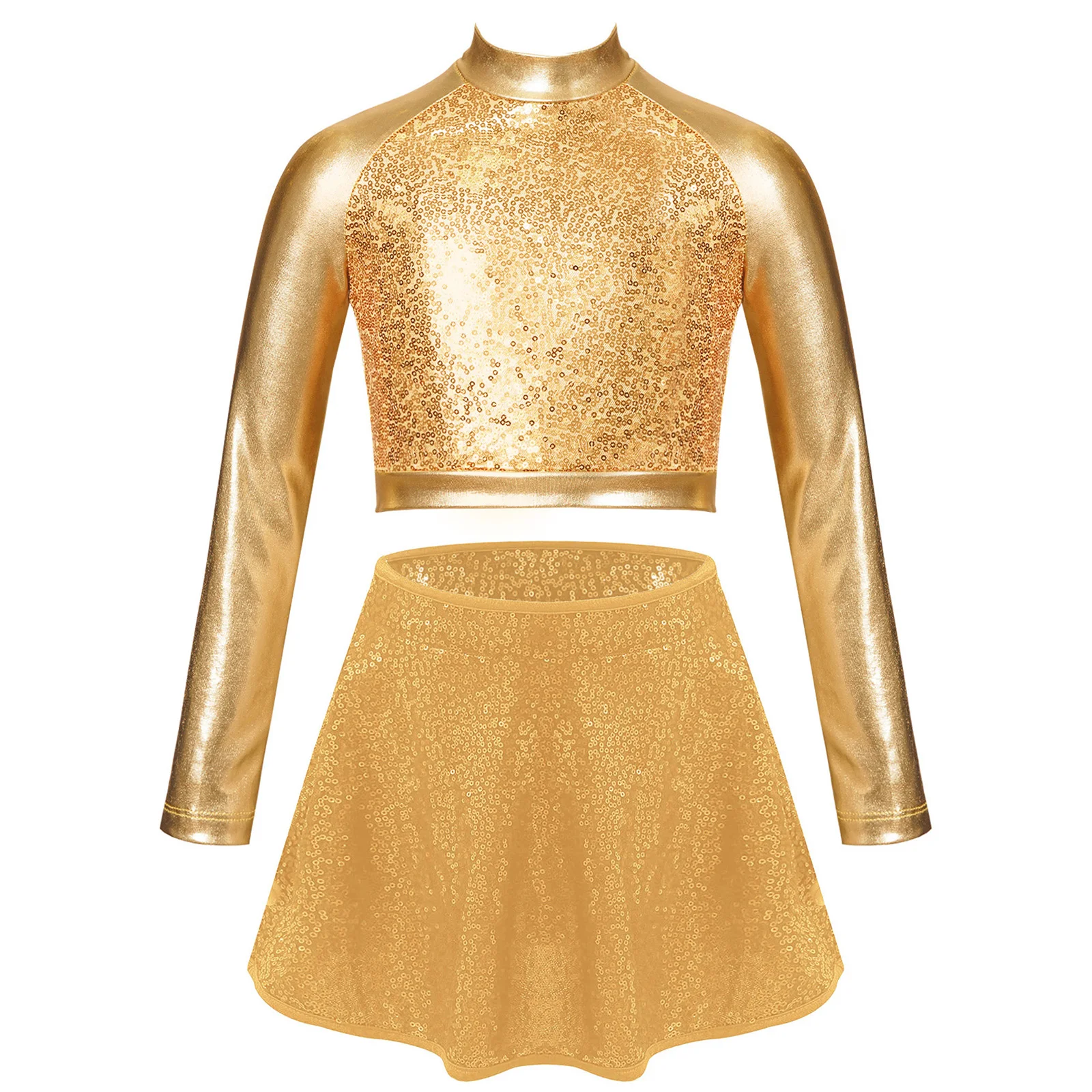 

Kids Girls Jazz Latin Dance Costume Mock Neck Long Sleeve Shiny Sequin Crop Top Shirt with Skirt Outfit Cheerleading Uniform