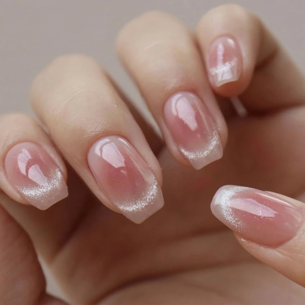 

Pink Halo Dyeing Blush Short Ballet Nail Art Cat Eye French Wearable Fake Nails Detachable Finished False Nails Press on Nails