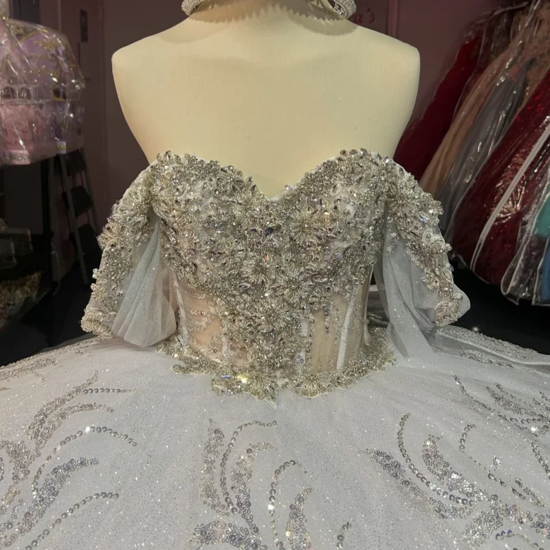 

Shiny Silvery Quinceanera Dresses Off the Shoulder Lace Flower Decal Long tail Bow Vestido De 15 Quinceanera Customize