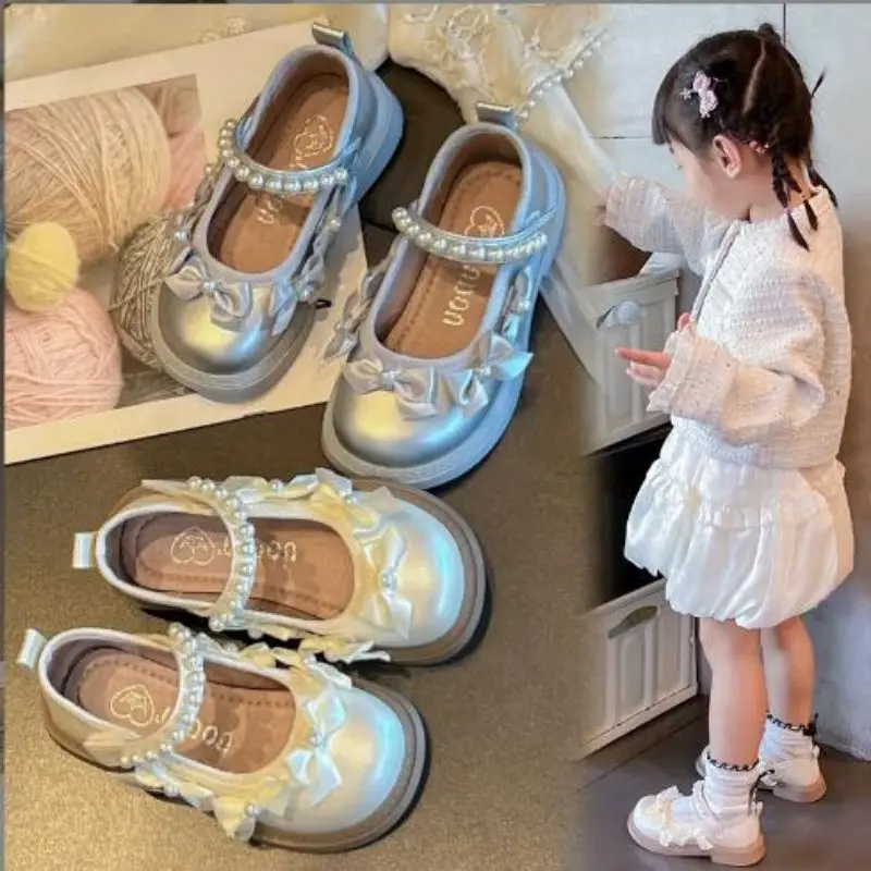 

Girls' leather shoes 2024 Autumn New item children's little girl lace soft sole bead big children's performance princess shoes