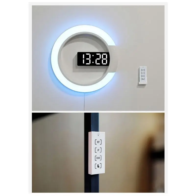 AAAE LED Digital Wall Clock Digital Display Temperature 7 Colors 3D Bedroom Living Room Decoration Digital Mirror Alarm Clock
