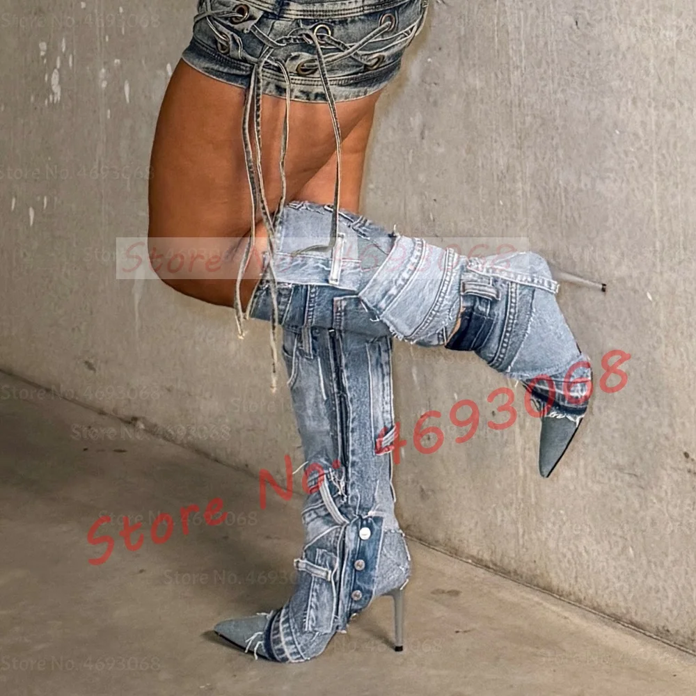 Patchwork Denim Knee High Heels Boots Women Stylish Pointy Toe Pocket Decor White Cowboy Tall Boots Side Zipper Sewing Shoes