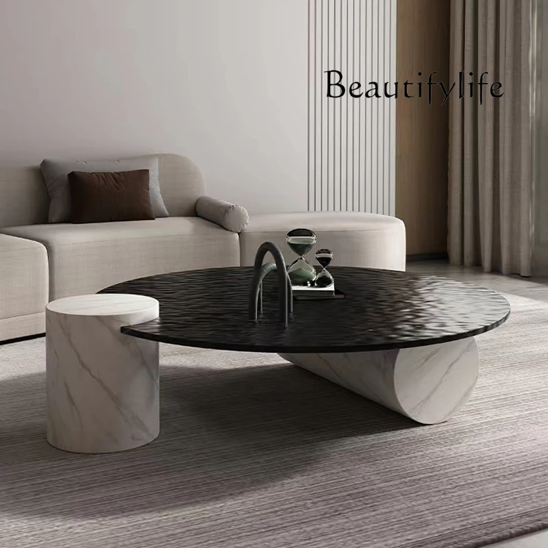 Italian-Style Light Luxury Water Ripple Glass Coffee Table Living Room Small Apartment Tea Table Marble round Tea Table