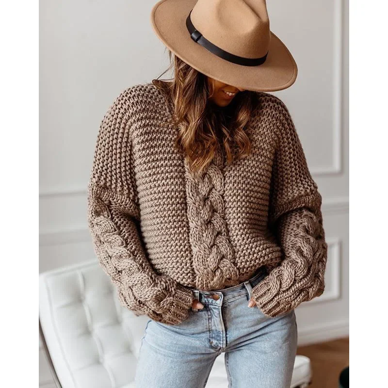 2024 New Women's Solid Color V-neck Rough Twist Sweater Loose Pullover Casual Knitted Sweater Fashionable And Versatile