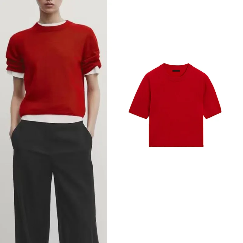 

Faionable Knitted Sweater round Ne ort Sve Wool Blend New Year Red MD Women's Spring 2024 Simple Sli Top