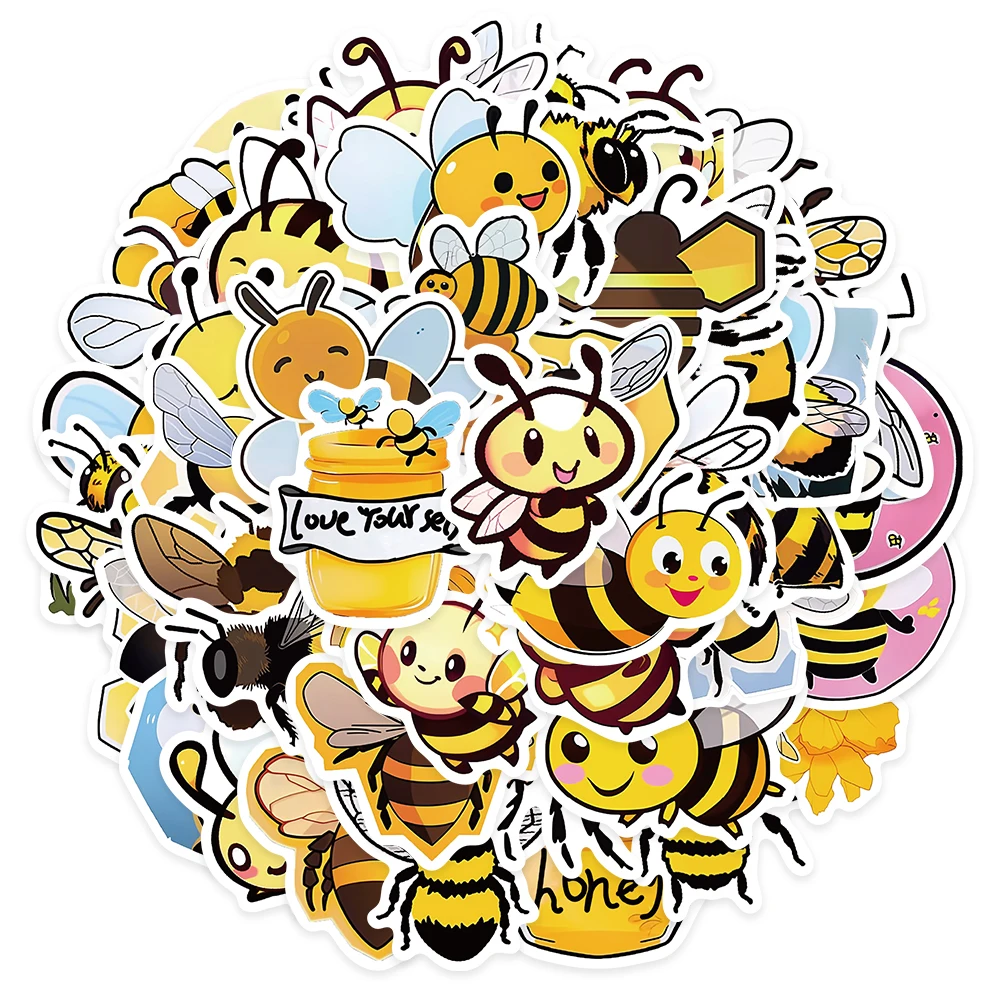 50pcs Cute Cartoon Honey Bee Vinyl Laptop Decals Insect Stickers For Luggage Phone Guitar Bicycle Car Waterproof Graffiti