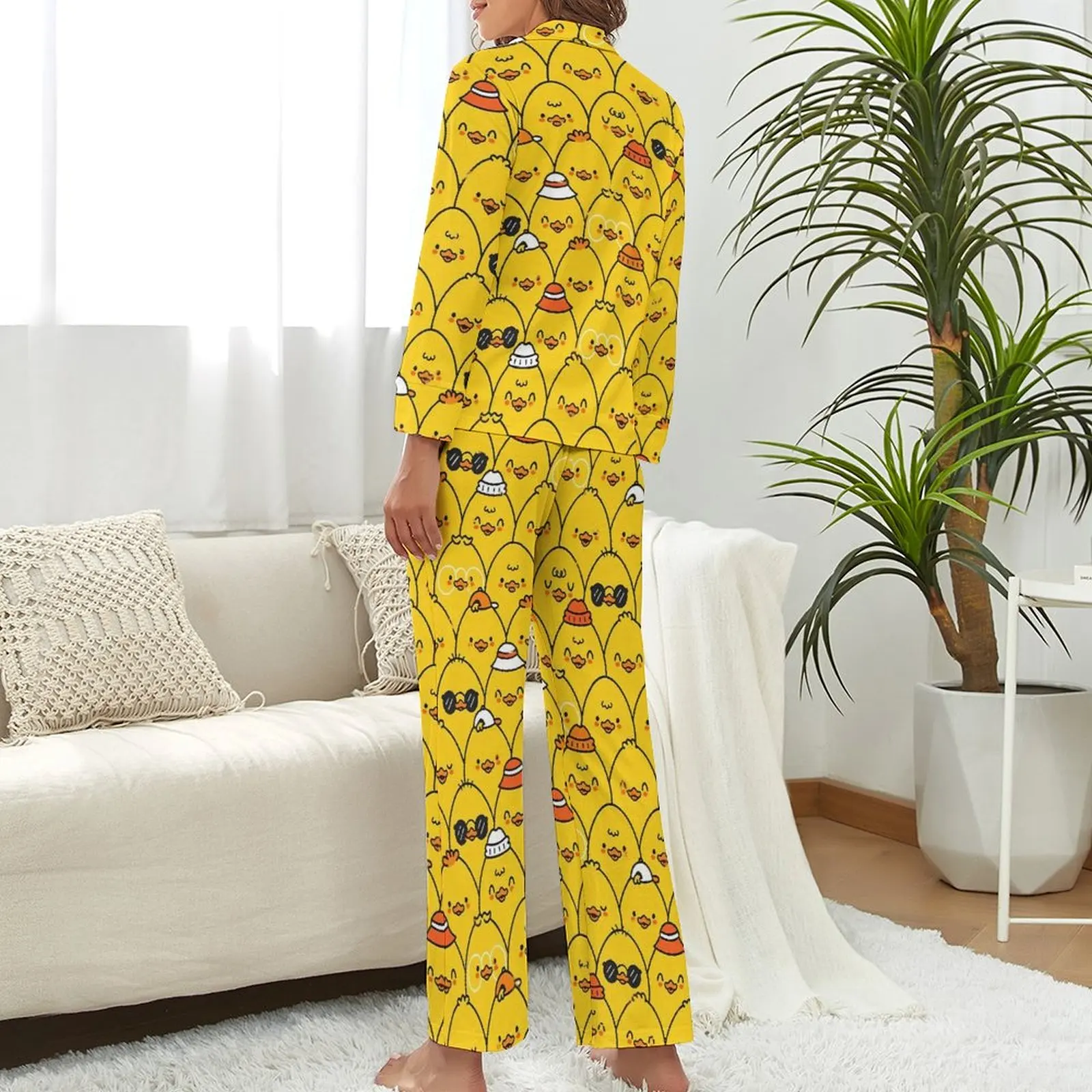 Yellow Ducks Pajamas Funny Ducklings Night V Neck Nightwear Lady Two Piece Custom Long Sleeve Fashion Pajama Sets