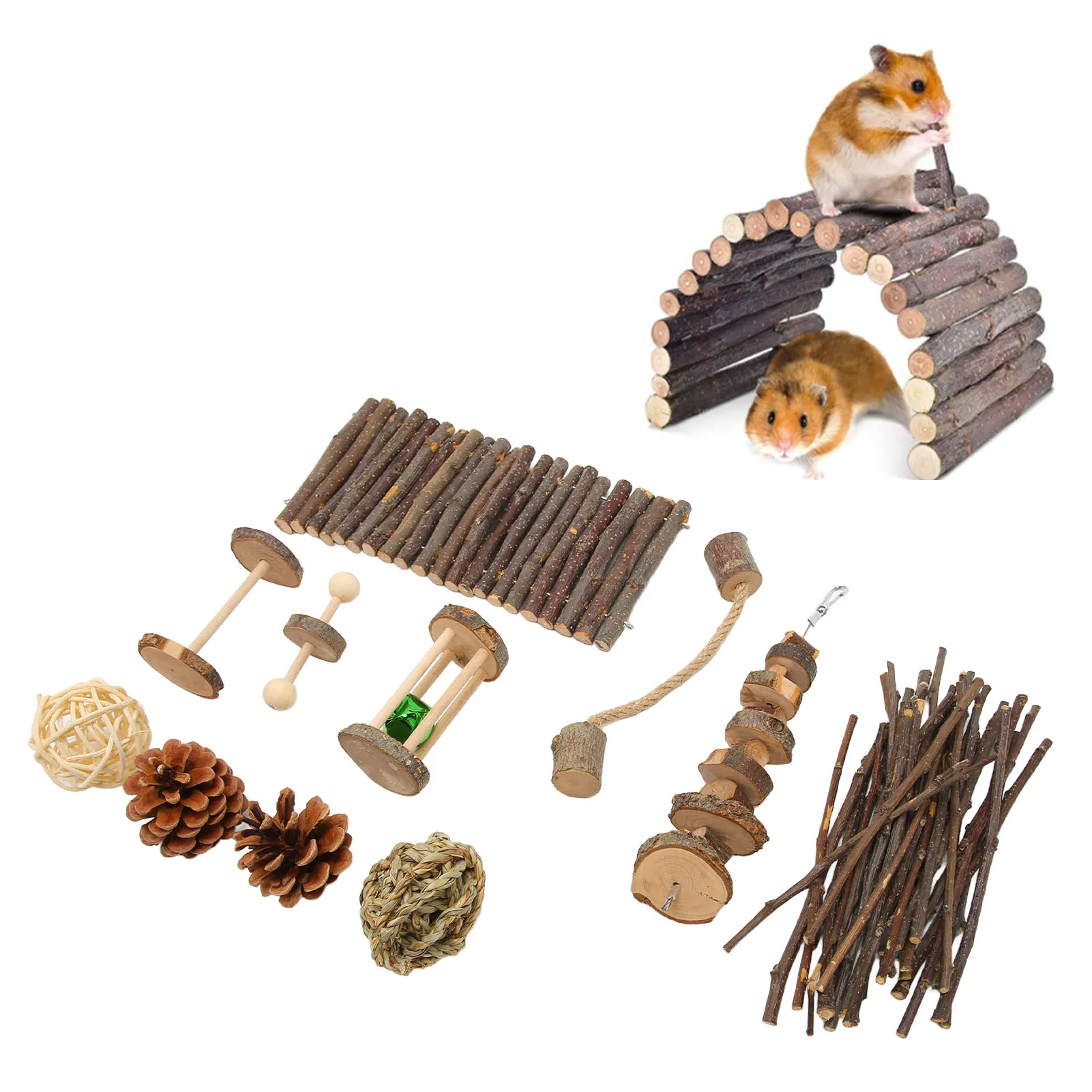 Hamster Toys Set Teeth Grinding Tunnel Chew String Grass Rattan Ball Wood Sticks Small Animal Molar Toys For Rabbit