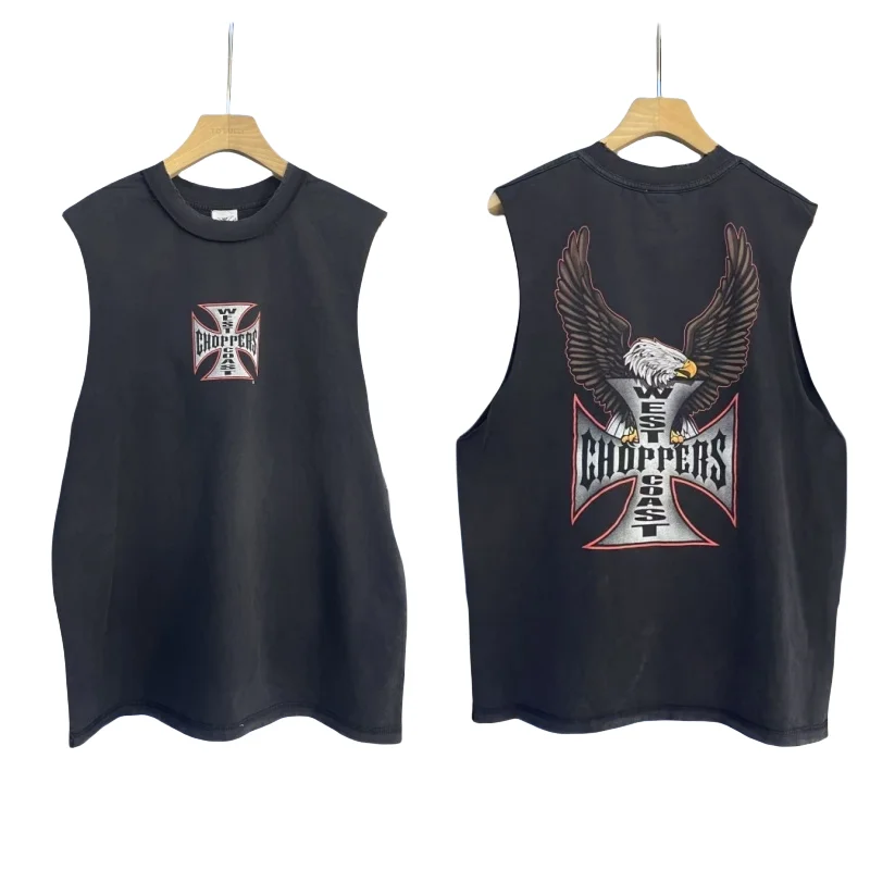 

Latest Hip Hop Loose West CoastChoppers2025SS Cross Eagle Print Hole Broken Washed Sleeveless Vests Men Women