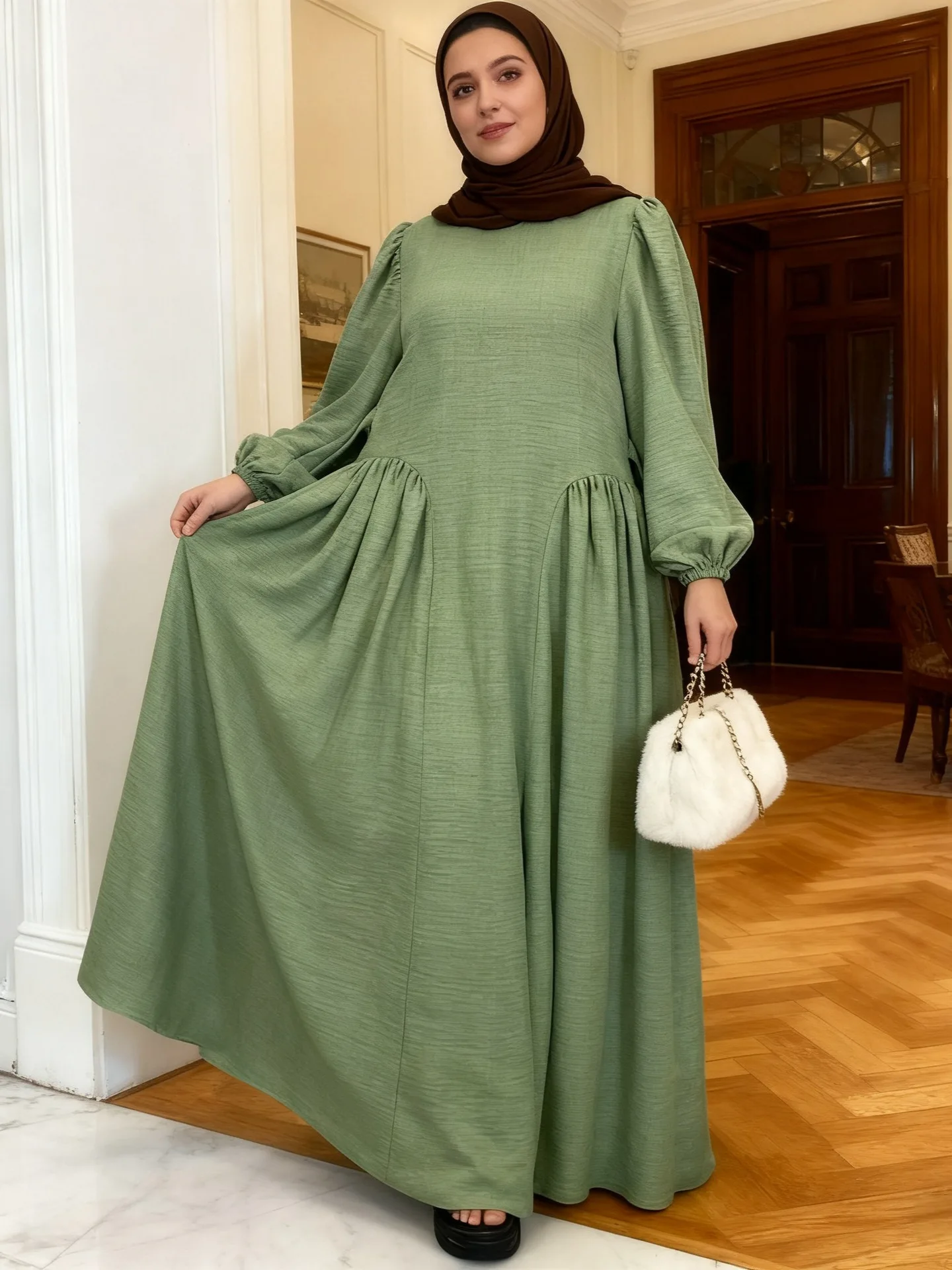 

Винтажное весеннее мусульманское платье в малайском стиле, простое однотонное женское абайя с круглым вырезом и поясом, большие размеры, длинные рукава, свободный крой, турецкий кафтан