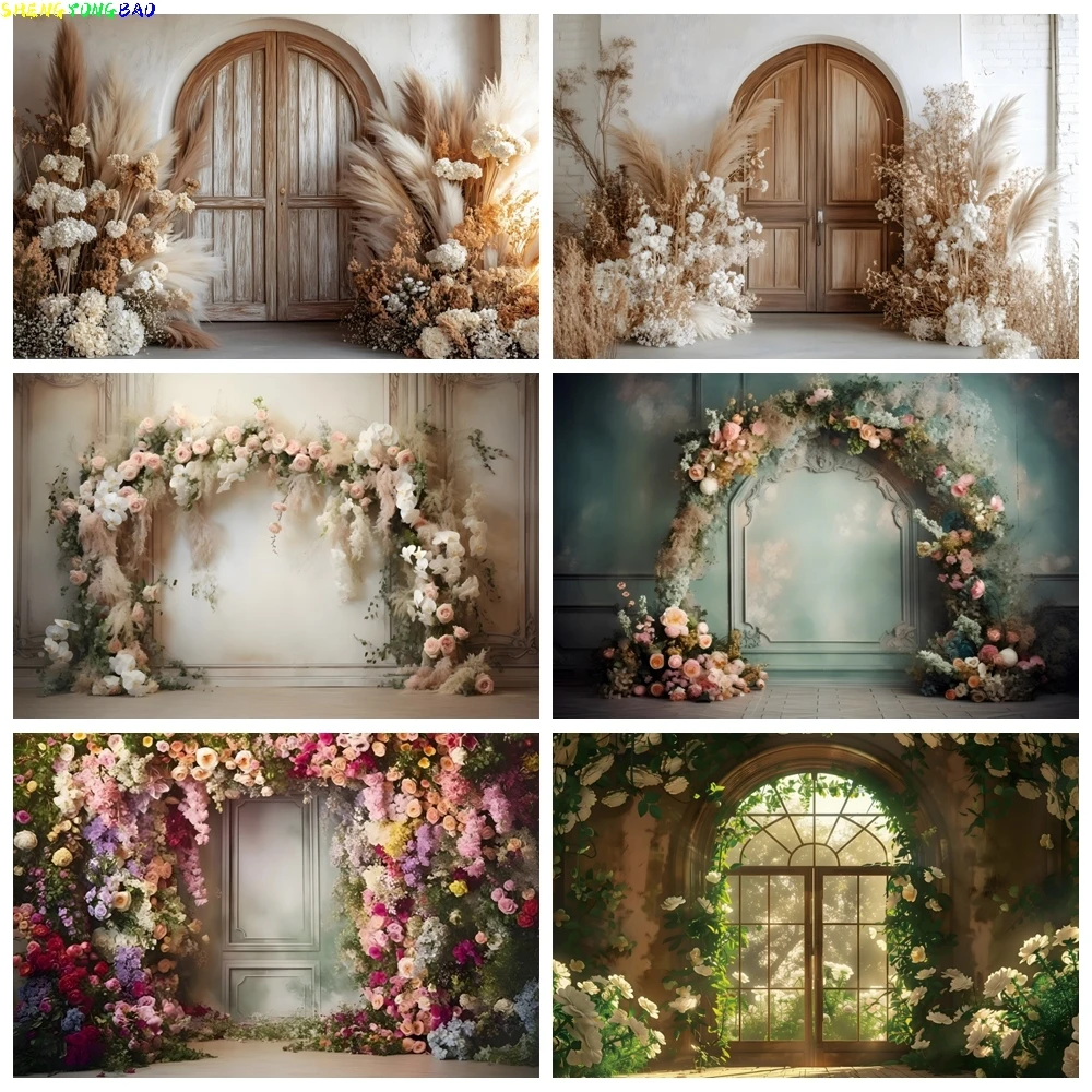 

Garden Floral Photography Backdrop Arched Wooden Door Dried Flowers Grasses Boho Style Wedding Background Photo Studio Photocall