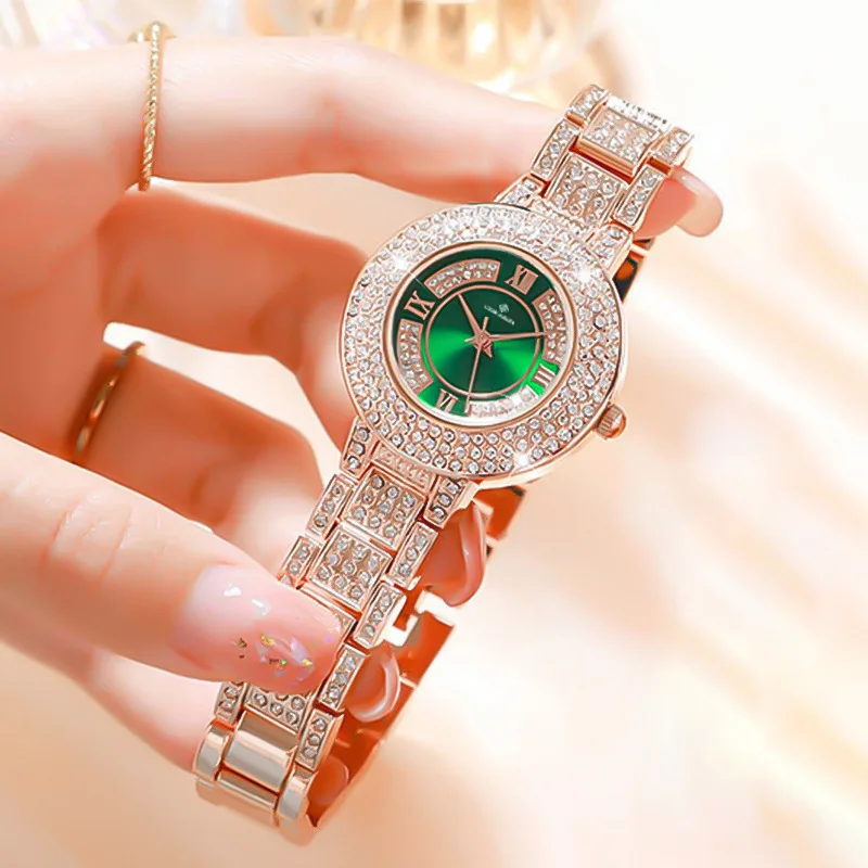 Luxury Ladies Quartz Watch Full Rhinestone Inlay Luminous Dial 30M Waterproof Alloy Case Elegant Women Wristwatch