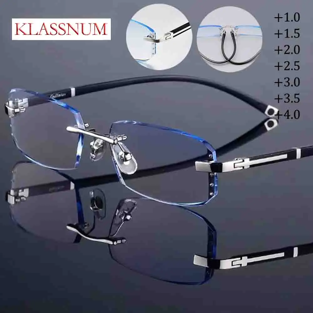 

KLASSNUM Trend TR90 Frameless Cut Edge Presbyopic Glasses Men's Woman HD Anti Blue Glasses Anti Fatigue Presbyopia +1.0~+4.0