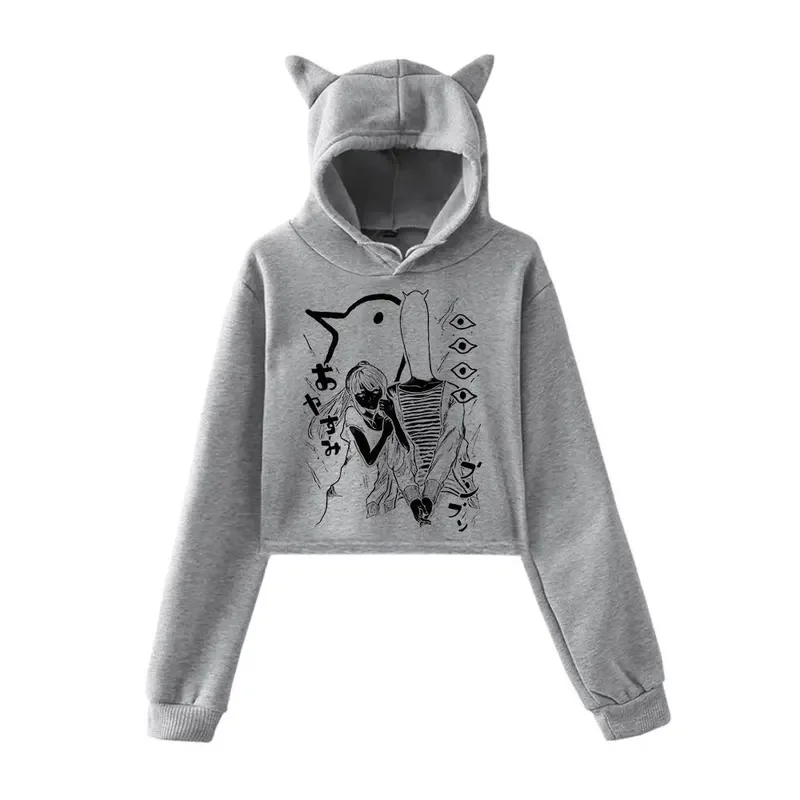 2023 Oyasumi Goodnight Punpun cat ear hoodie women long sleeve cropped sweatshirts female casual streetwear crop tops