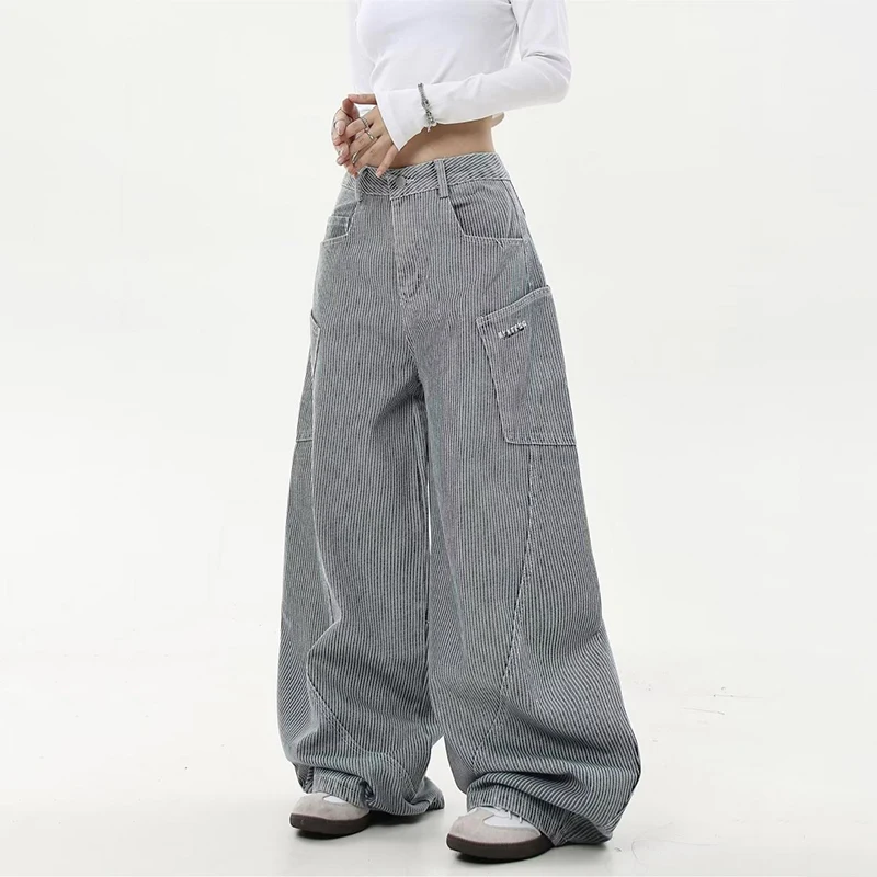 Autumn New Retro Striped Curved Knife Jeans Women'S Casual Loose Wide Leg Pants With Large Pockets Pants Straight Pants