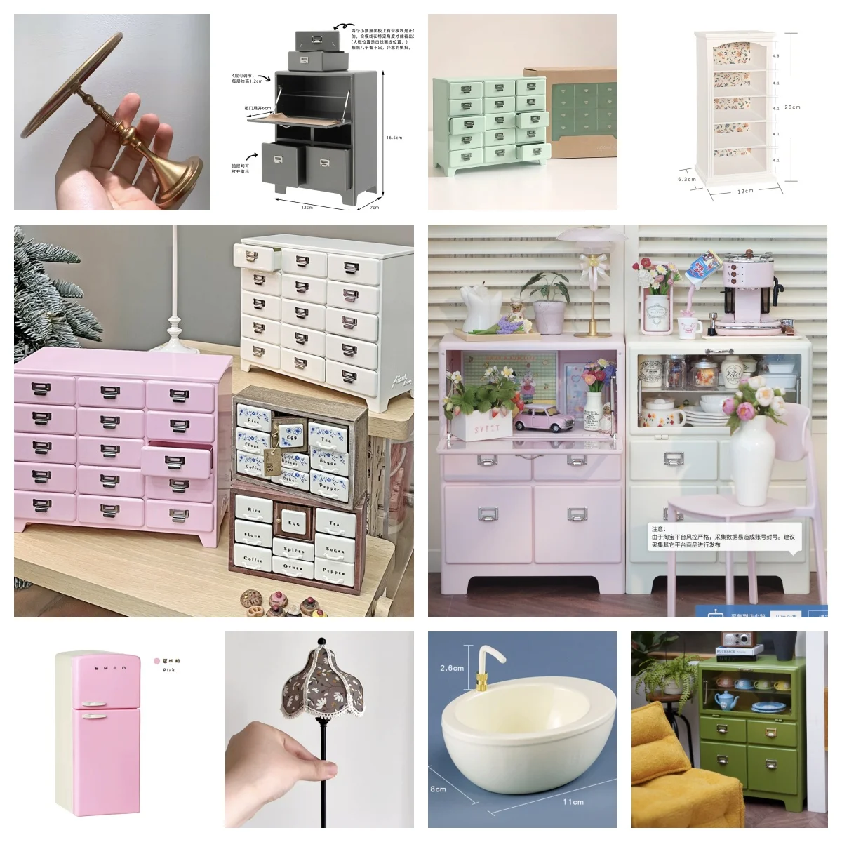 

ndustrial 15-Drawer Miniature Cabinet Set, Vintage Floor Table Lamp Coat Rack for 1:6 Scale Dollhouse Restaurant Kitchen Display