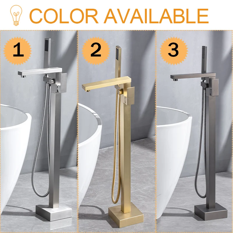 

Brass Dual Control Independent Bathtub Faucet Rose Gold Water Outlet with Hand Shower Standing Stable Bracket Cold Hot Mixer