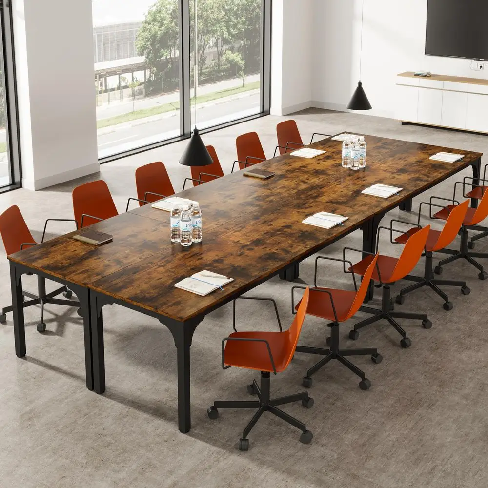 

Conference Table, Super Sturdy Large Rectangle Meeting Seminar Table for 16 Person, Long Business Tables, 4 Pcs Brown