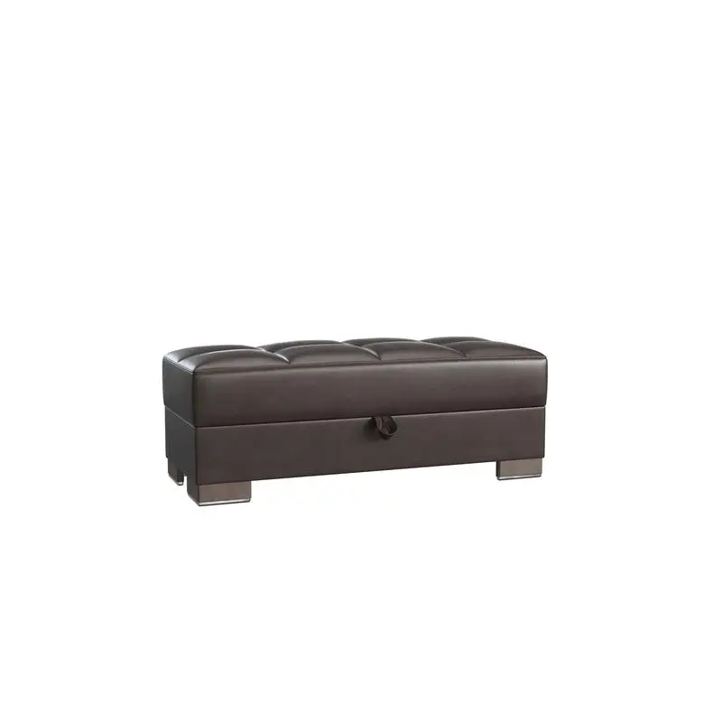 

Convertible Upholstered Ottoman with Wood Trim and Storage, Brown PU Finish, Perfect for Living Room or Bedroom Use