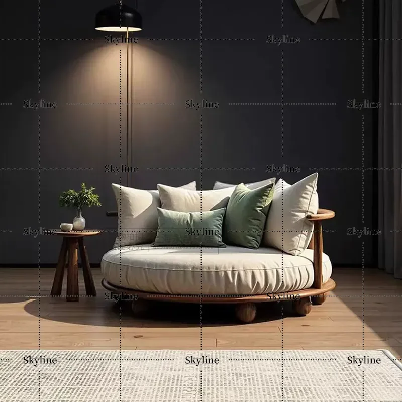 Solid Wood Round Sofa, Wabi-Sabi Medieval Single/Double Seating for Leisure Spaces