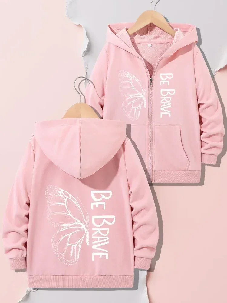 Girl Casual Zip Hooded Coat Simple Line Art Butterfly Be Brave Inspirational Text Graphic Long Sleeve Pocket Hooded Outer Jacket